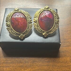 1928 vintage style oval earrings clip filigree marbled red purple cabochon